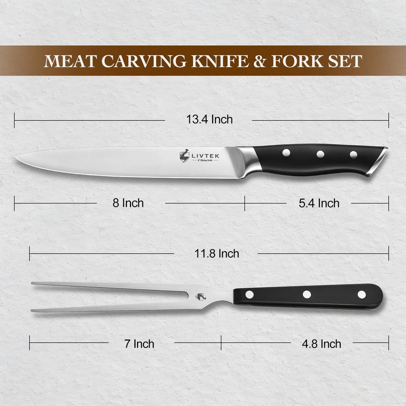 Livtek Carving Knife Set - Razor-Sharp German Stainless Steel - Ergonomic Handle & Full Tang Design - for Slicing Roast, Turkey, Ham, BBQ - 8 Inch Knife & 7 Inch Fork - Thanksgiving Gift - Image 3